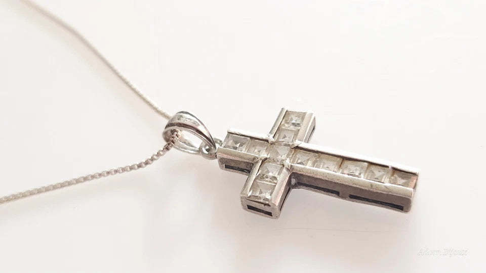 Vintage Sterling Silver Faceted Glass Cross On Sterling Silver Box Chain