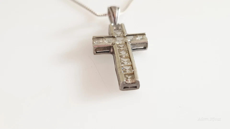 Vintage Sterling Silver Faceted Glass Cross On Sterling Silver Box Chain