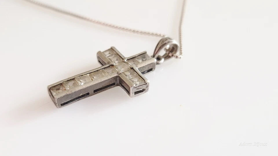 Vintage Sterling Silver Faceted Glass Cross On Sterling Silver Box Chain