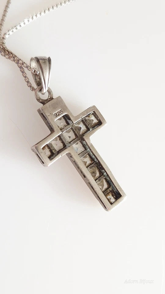 Vintage Sterling Silver Faceted Glass Cross On Sterling Silver Box Chain