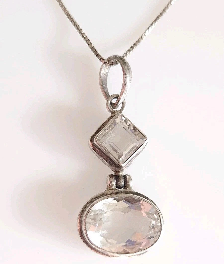 Vintage Sterling Silver Faceted Glass Pendant On Sterling Silver Box Chain