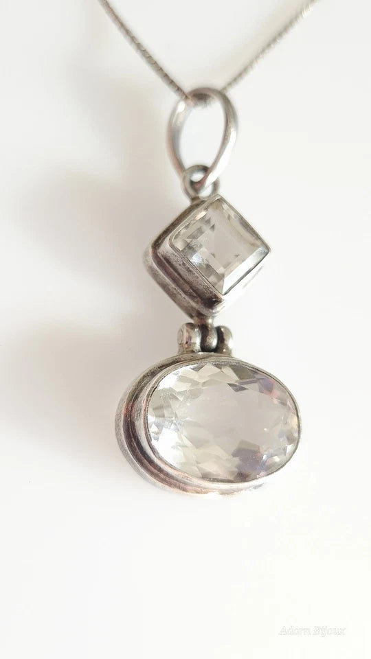Vintage Sterling Silver Faceted Glass Pendant On Sterling Silver Box Chain