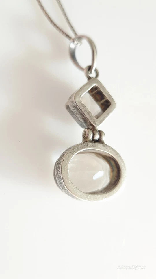 Vintage Sterling Silver Faceted Glass Pendant On Sterling Silver Box Chain