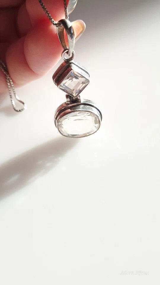 Vintage Sterling Silver Faceted Glass Pendant On Sterling Silver Box Chain
