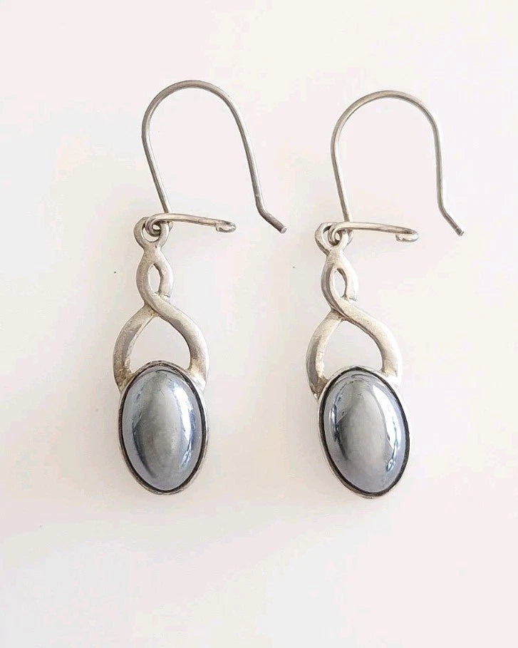 Vintage Sterling Silver Hematite Dangle Drop Earrings