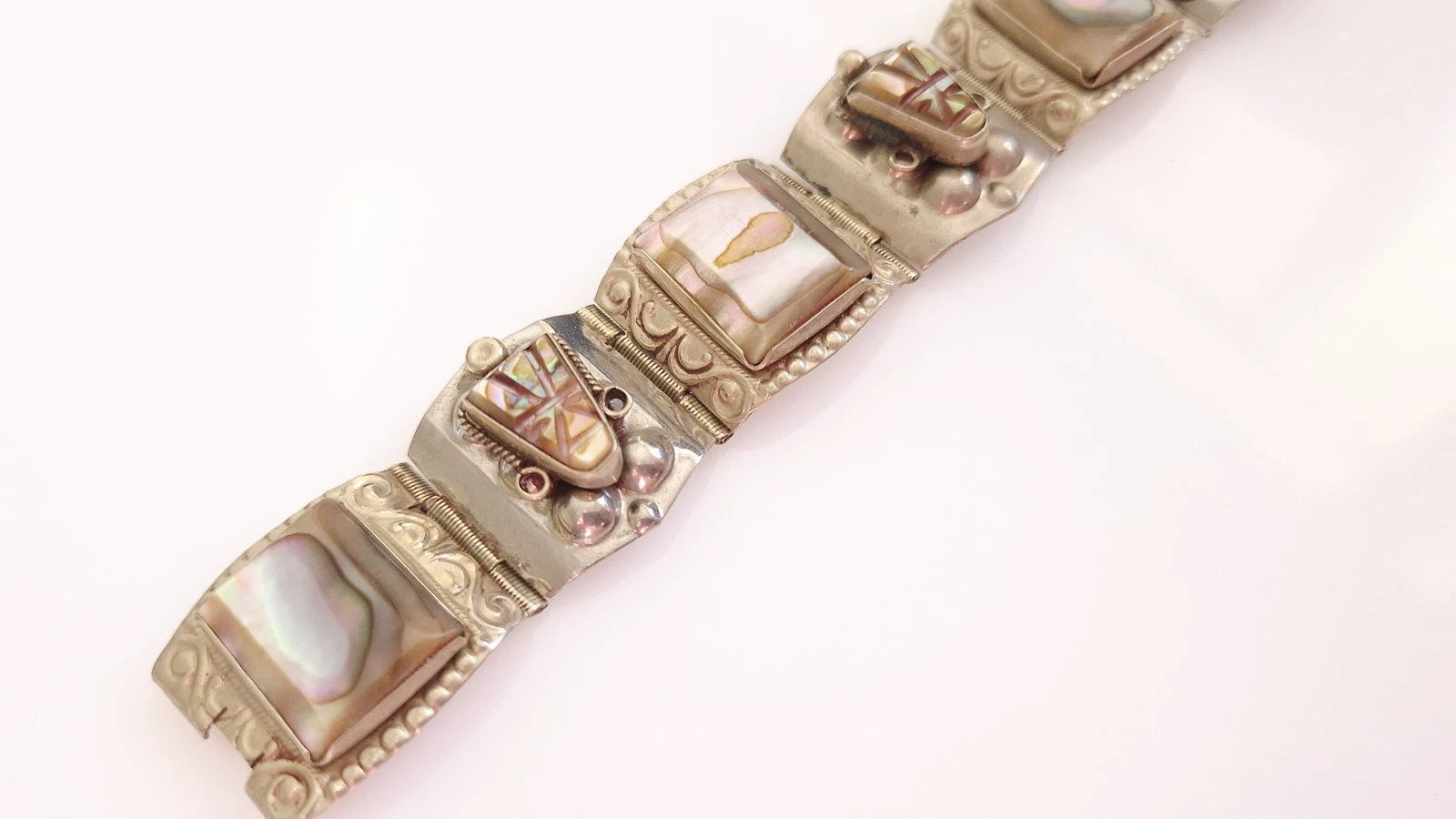 Authentic 1940s Signed HECHO EN TAXCO ALPACA Alloy Abalone Panel Bracelet