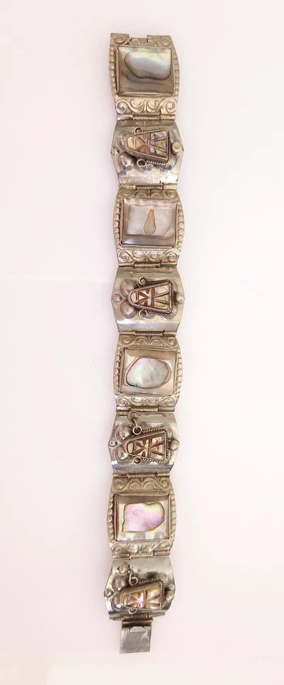 Authentic 1940s Signed HECHO EN TAXCO ALPACA Alloy Abalone Panel Bracelet