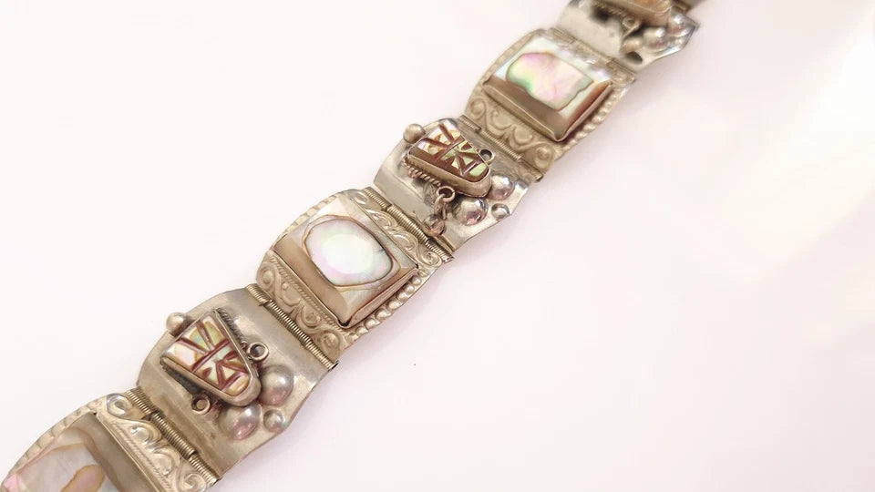 Authentic 1940s Signed HECHO EN TAXCO ALPACA Alloy Abalone Panel Bracelet